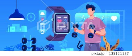 Smartwatch fitness tracking man exercising with dumbbells modern home gym heart rate monitor health app interface blue background 135121187