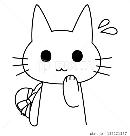 バレンタインのプレゼントを後ろに隠して恥ずかしそうにする猫のイラスト 135121387