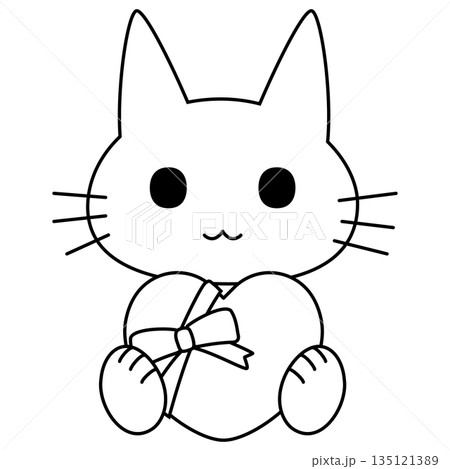 大きなハートのプレゼントを持って座るかわいい猫のイラスト 大きなハートのプレゼントを持って座るかわいい猫のイラスト 135121389