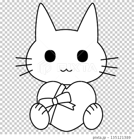 一幅可愛的貓咪坐著，手裡拿著一個大大的心形禮物的插圖 135121389