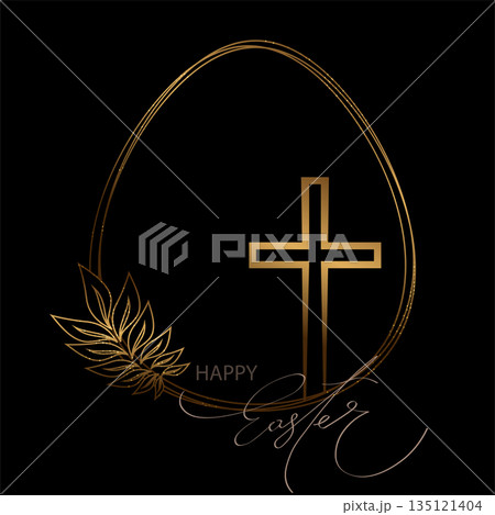 Happy Easter. Isolated design element with a silhouette of an Easter egg and a gold cross Happy Easter. Isolated design element with a silhouette of an Easter egg and a gold cross 135121404