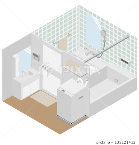 アイソメトリックな浴室と脱衣所と洗面所のシンプルなイラスト素材 135121412