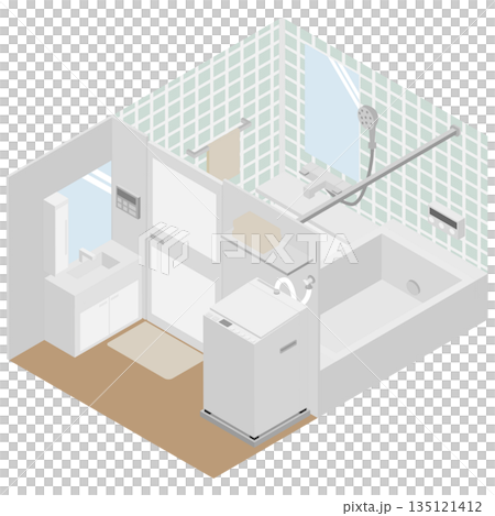 アイソメトリックな浴室と脱衣所と洗面所のシンプルなイラスト素材 135121412