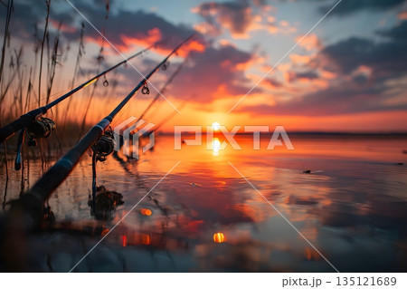 夕焼け空に佇む釣り竿のシルエット 夕焼け空に佇む釣り竿のシルエット 135121689