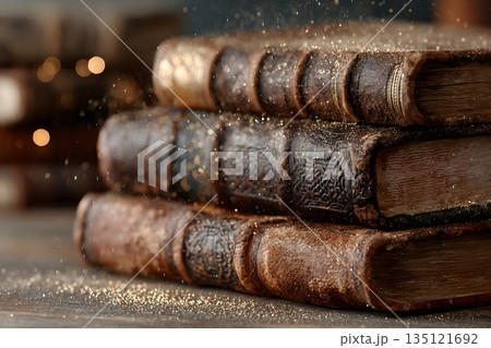 古書が積まれた静かな図書館 135121692