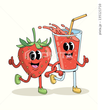 strawberry and drink groovy cartoon illustration 135121710