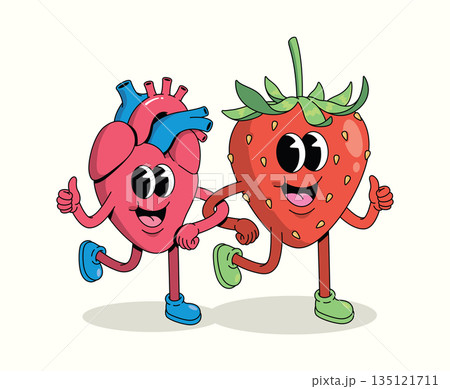 strawberry and heart groovy cartoon illustration 135121711