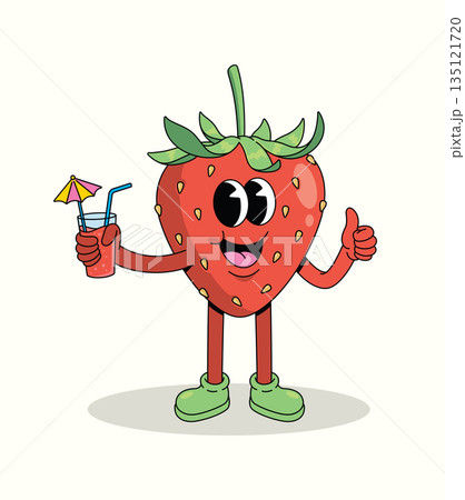 strawberry drink style groovy cartoon illustration strawberry drink style groovy cartoon illustration 135121720