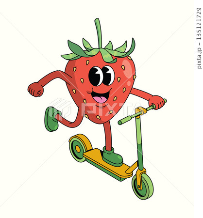 strawberry kick scooter groovy cartoon illustration strawberry kick scooter groovy cartoon illustration 135121729