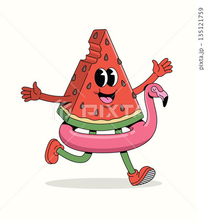 watermelon flamingo float groovy cartoon illustration 135121759