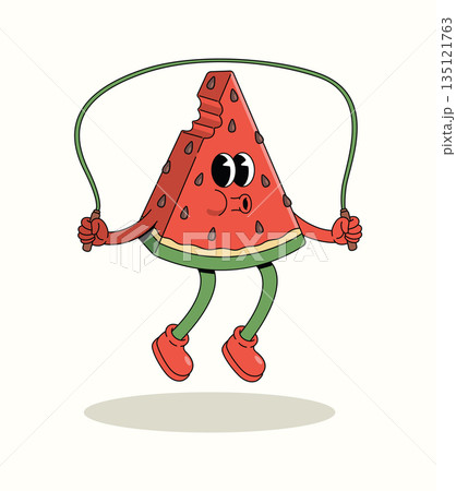 watermelon jump rope groovy cartoon illustration 135121763
