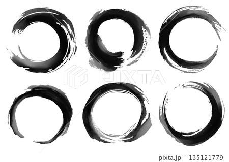 Set of hand-painted black ink Enso circles. Abstract Japanese zen symbols with grunge brush stroke texture. Minimalist oriental calligraphy elements isolated on white background. Vector illustration. Set of hand-painted black ink Enso circles. Abstract Japanese zen symbols with grunge brush stroke texture. Minimalist oriental calligraphy elements isolated on white background. Vector illustration. 135121779