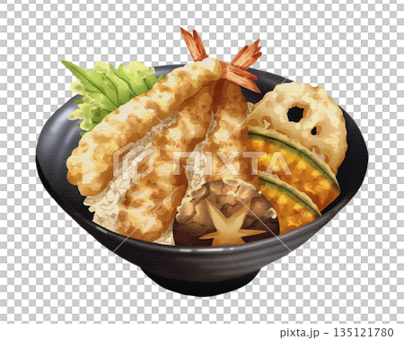 Premium realistic hand-drawn watercolor illustration of Tendon or tempura donburi, a Japanese rice bowl topped with crispy shrimp tempura and assorted vegetables like pumpkin and shiitake mushroom. 135121780