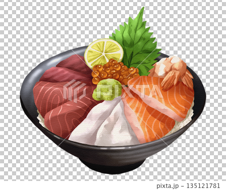 Premium realistic hand-drawn watercolor illustration of Kaisendon, a deluxe seafood rice bowl topped with sashimi tuna, salmon, white fish, shrimp, ikura, and shiso leaf. Transparent background. 135121781