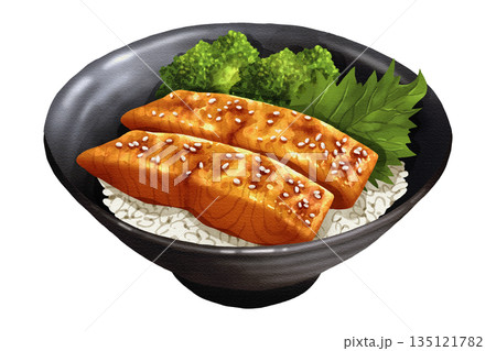 Premium realistic hand-drawn watercolor illustration of grilled salmon donburi with sesame seeds, broccoli, and shiso leaf served over rice. Transparent background. Premium realistic hand-drawn watercolor illustration of grilled salmon donburi with sesame seeds, broccoli, and shiso leaf served over rice. Transparent background. 135121782
