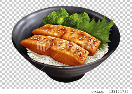 Premium realistic hand-drawn watercolor illustration of grilled salmon donburi with sesame seeds, broccoli, and shiso leaf served over rice. Transparent background. Premium realistic hand-drawn watercolor illustration of grilled salmon donburi with sesame seeds, broccoli, and shiso leaf served over rice. Transparent background. 135121782