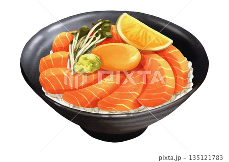 Premium realistic hand-drawn watercolor illustration of fresh salmon donburi with sliced sashimi, lemon, wasabi, sprouts, and a raw egg yolk on rice. Transparent background. Premium realistic hand-drawn watercolor illustration of fresh salmon donburi with sliced sashimi, lemon, wasabi, sprouts, and a raw egg yolk on rice. Transparent background. 135121783