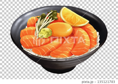 Premium realistic hand-drawn watercolor illustration of fresh salmon donburi with sliced sashimi, lemon, wasabi, sprouts, and a raw egg yolk on rice. Transparent background. 135121783