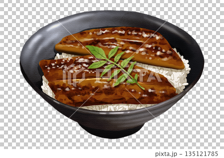 Premium realistic hand-drawn watercolor illustration of Unadon featuring grilled eel or unagi with sweet soy glaze over a bed of rice. Transparent background. Premium realistic hand-drawn watercolor illustration of Unadon featuring grilled eel or unagi with sweet soy glaze over a bed of rice. Transparent background. 135121785