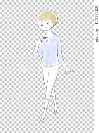 A hand-drawn illustration of a woman relaxing with her eyes closed and enjoying a cup of coffee A hand-drawn illustration of a woman relaxing with her eyes closed and enjoying a cup of coffee 135121829