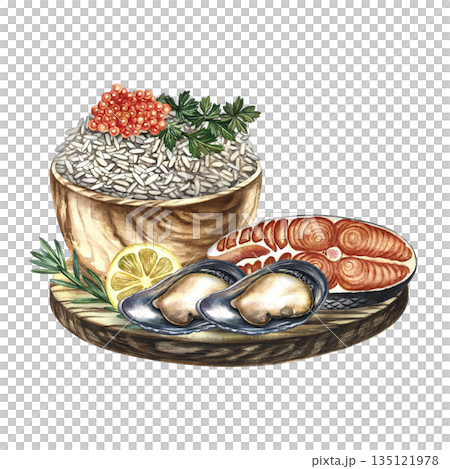 Seafood dish with fish, mussels, and a side dish of rice with red caviar and herbs. Hand-drawn watercolor illustration. For menus, recipes, and cookbooks. For banners, flyers, packaging, and labels. 135121978