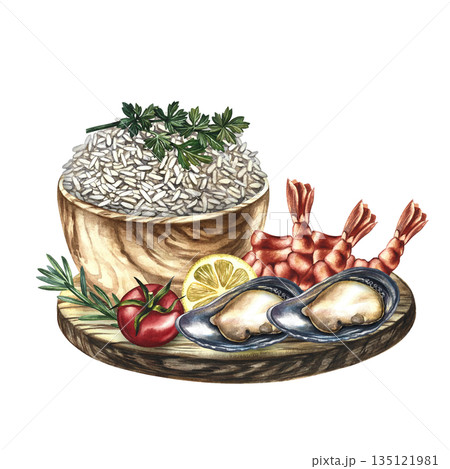 Seafood dish with shrimp, mussels, and a rice side dish with vegetables. Hand-drawn watercolor illustration. Element of menu design, recipes, and cookbooks. For banners, flyers, packaging, labels. 135121981