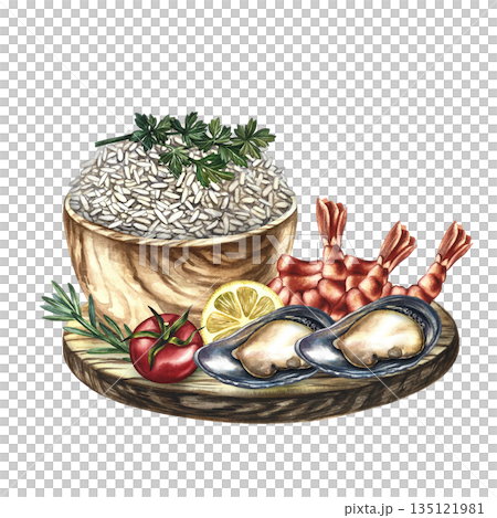 Seafood dish with shrimp, mussels, and a rice side dish with vegetables. Hand-drawn watercolor illustration. Element of menu design, recipes, and cookbooks. For banners, flyers, packaging, labels. 135121981