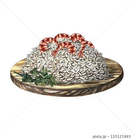 Shrimp rice side dish on a wooden tray. Hand-drawn watercolor illustration. Menu, recipe, and cookbook design element. For banners, flyers, packaging, labels, and more. Shrimp rice side dish on a wooden tray. Hand-drawn watercolor illustration. Menu, recipe, and cookbook design element. For banners, flyers, packaging, labels, and more. 135121983