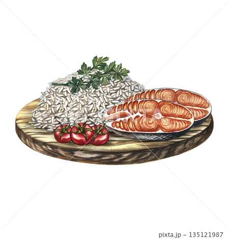 Fish dish with a rice side dish with herbs and cherry tomatoes. Hand-drawn watercolor illustration. Element of menu design, recipes, and cookbooks. For banners, flyers, packaging, labels, and more. Fish dish with a rice side dish with herbs and cherry tomatoes. Hand-drawn watercolor illustration. Element of menu design, recipes, and cookbooks. For banners, flyers, packaging, labels, and more. 135121987