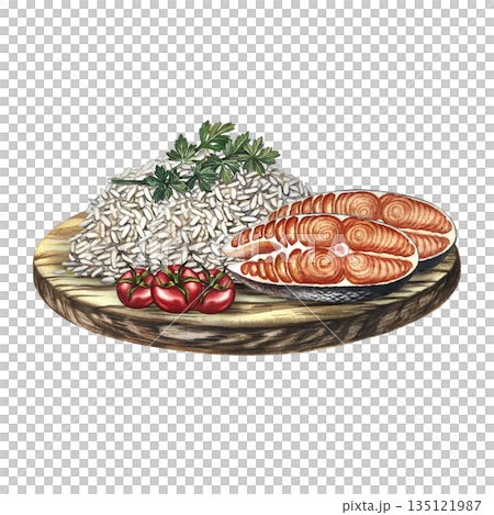 Fish dish with a rice side dish with herbs and cherry tomatoes. Hand-drawn watercolor illustration. Element of menu design, recipes, and cookbooks. For banners, flyers, packaging, labels, and more. Fish dish with a rice side dish with herbs and cherry tomatoes. Hand-drawn watercolor illustration. Element of menu design, recipes, and cookbooks. For banners, flyers, packaging, labels, and more. 135121987