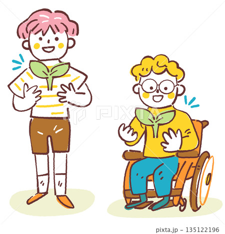 大事な芽吹きを胸に抱く車椅子の子供と友達、インクルーシブ教育と個性の尊重、手描き 大事な芽吹きを胸に抱く車椅子の子供と友達、インクルーシブ教育と個性の尊重、手描き 135122196