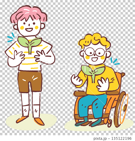 大事な芽吹きを胸に抱く車椅子の子供と友達、インクルーシブ教育と個性の尊重、手描き 大事な芽吹きを胸に抱く車椅子の子供と友達、インクルーシブ教育と個性の尊重、手描き 135122196