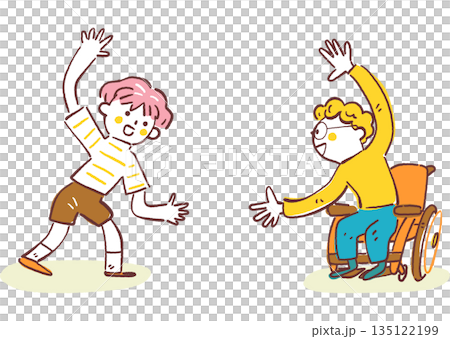 坐在輪椅上的孩子和他的朋友張開雙臂，欣喜地迎接彼此，展現了包容的友誼和問候，手繪作品。 135122199