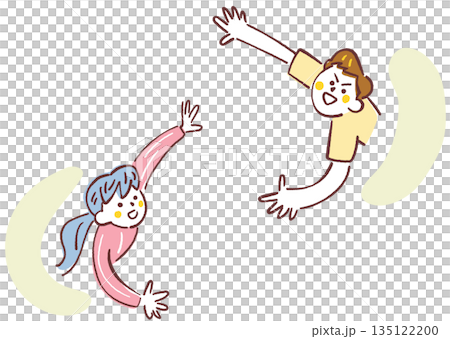 手を大きく伸ばす元気な小学生の男女、未来への希望と歓迎のイメージ、手描き 135122200