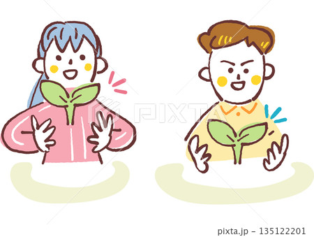 大切な芽生えを胸に抱く小学生の男女、教育と成長と才能の開花、手描き 135122201