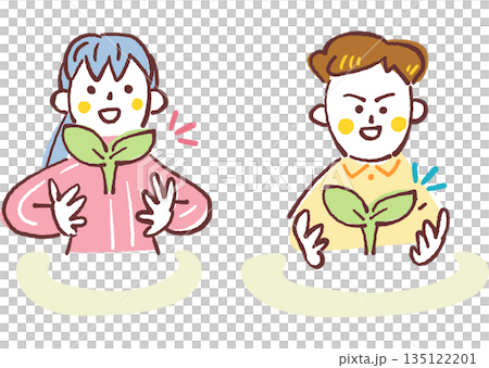 大切な芽生えを胸に抱く小学生の男女、教育と成長と才能の開花、手描き 135122201
