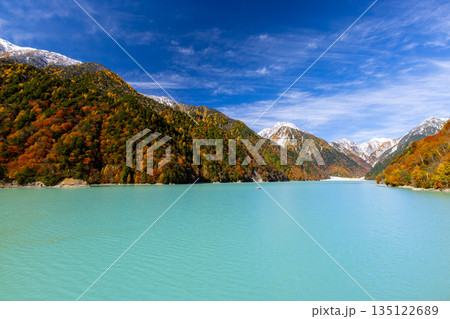 長野県大町市平 鮮やかなミルキーブルーの高瀬ダム調整湖の紅葉と青空に映える冠雪した山の景色 長野県大町市平 鮮やかなミルキーブルーの高瀬ダム調整湖の紅葉と青空に映える冠雪した山の景色 135122689