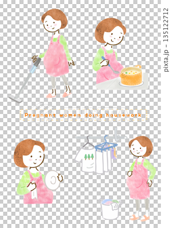 Illustration set of a pregnant woman in an apron doing housework 135122712