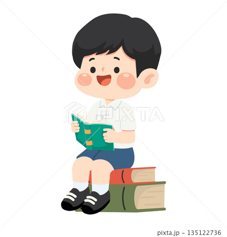 Illustration of Boy Reading Book on Stack Illustration of Boy Reading Book on Stack 135122736