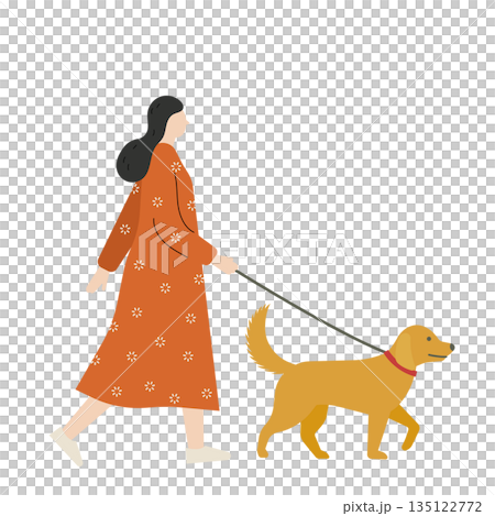 年輕女子牽著狗狗散步的全身插圖 135122772