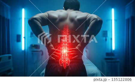 Man experiencing back pain in hospital room with glowing red spine 135122806