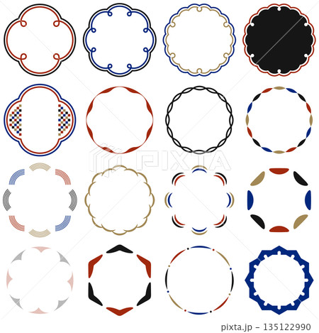 和のフレームデザイン モダンでレトロな装飾素材 和風 日本 正月 赤 青 黒 金 135122990