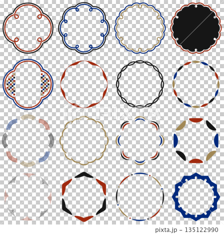 和のフレームデザイン モダンでレトロな装飾素材 和風 日本 正月 赤 青 黒 金 135122990