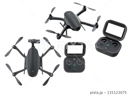 Set of modern quadcopter drones with matching controllers isolated on white background, concept of technology 135123075