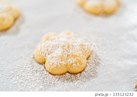Freshly baked lemon spritz cookies are arranged on a sheet of parchment paper, each delicately dusted with powdered sugar. These buttery cookies have a crisp edge and a soft, melt-in-your-mouth Freshly baked lemon spritz cookies are arranged on a sheet of parchment paper, each delicately dusted with powdered sugar. These buttery cookies have a crisp edge and a soft, melt-in-your-mouth 135123232