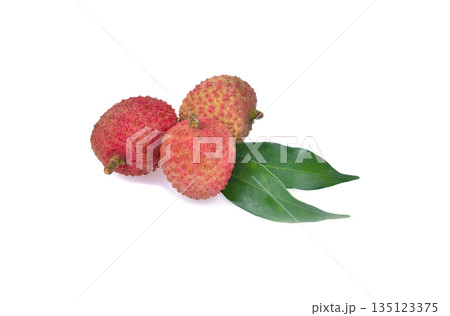 Lychee with leaves isolated on white background. 135123375