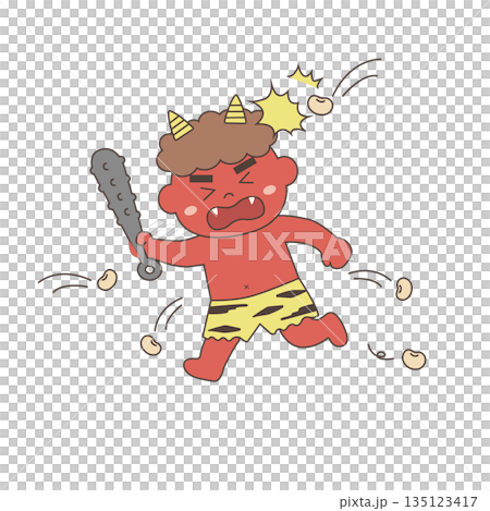 節分　イラスト素材　豆をぶつけられる鬼 135123417