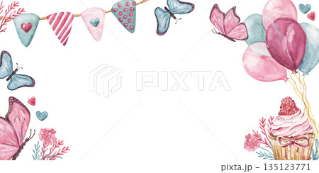 Valentine frame with festive elements watercolor illustration 135123771