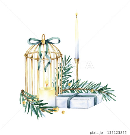 Vintage Christmas composition gift box, spruce branch, burning candle, gold birdcage tied bow, ribbon. Watercolor illustration isolated from background. Fir tree twigs, candelabrum, xmas decoration Vintage Christmas composition gift box, spruce branch, burning candle, gold birdcage tied bow, ribbon. Watercolor illustration isolated from background. Fir tree twigs, candelabrum, xmas decoration 135123855