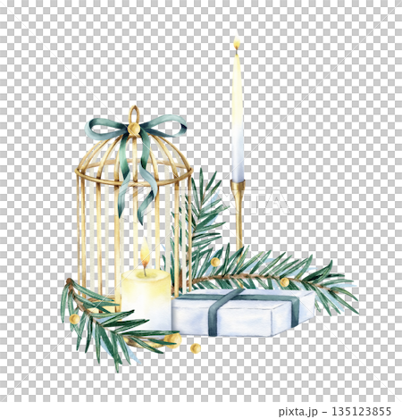 Vintage Christmas composition gift box, spruce branch, burning candle, gold birdcage tied bow, ribbon. Watercolor illustration isolated from background. Fir tree twigs, candelabrum, xmas decoration Vintage Christmas composition gift box, spruce branch, burning candle, gold birdcage tied bow, ribbon. Watercolor illustration isolated from background. Fir tree twigs, candelabrum, xmas decoration 135123855